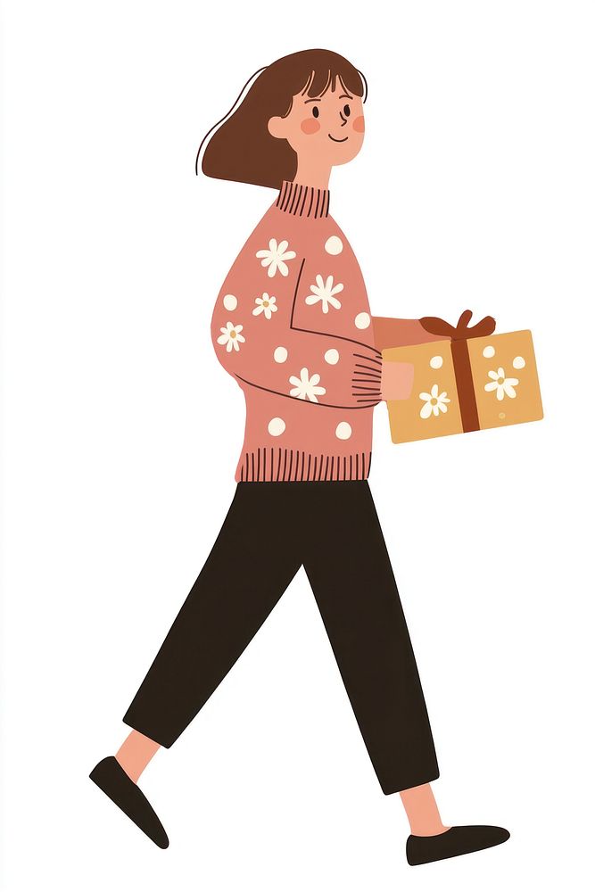 Woman carrying gifts illustration sweater brown.