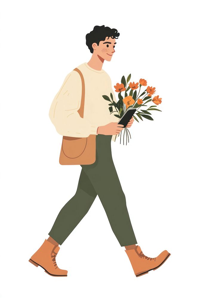 Man walking flowers illustration holding.