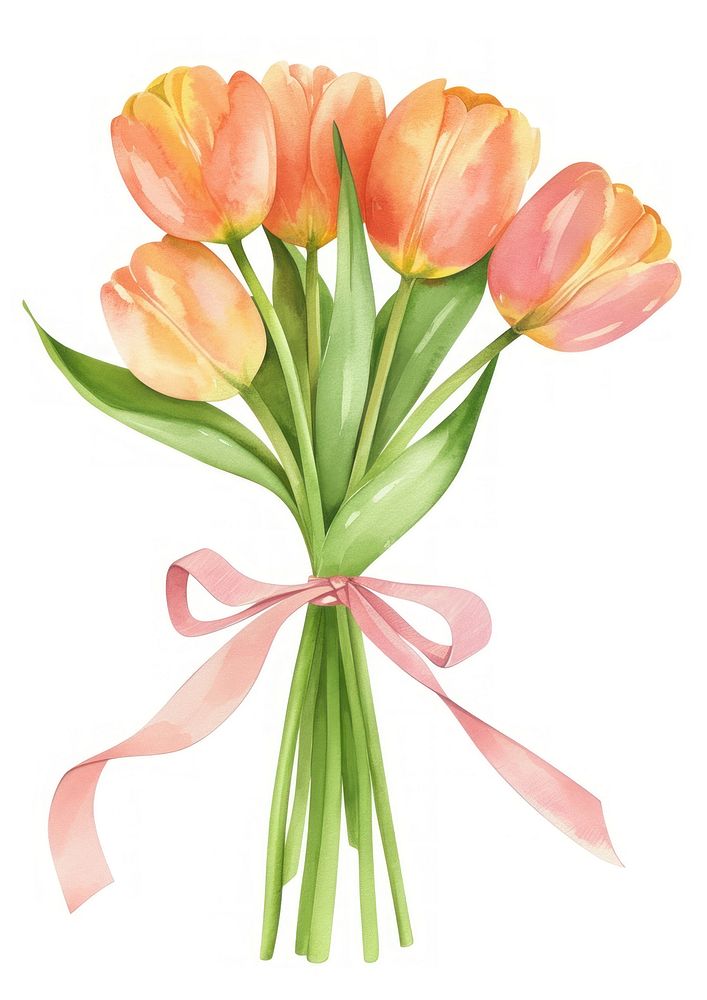 Pastel coquette orange pink tulip bouquet tulips art illustration.