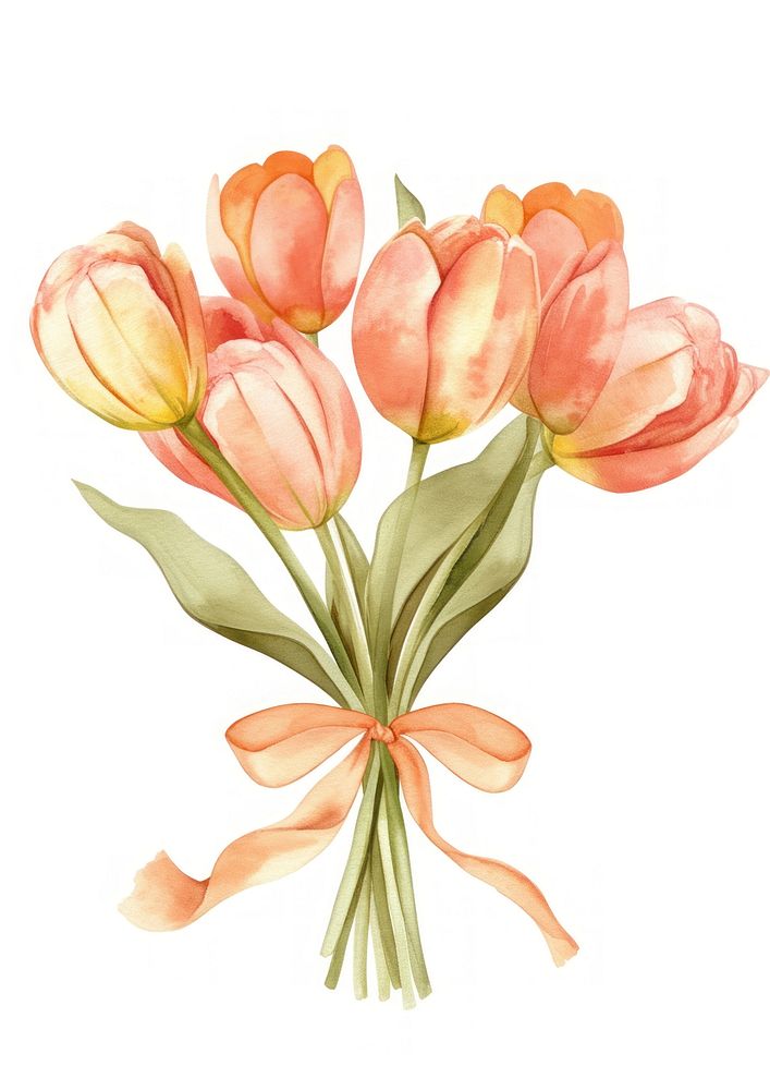 Pastel coquette soft orange tulips bouquet art illustration watercolor.