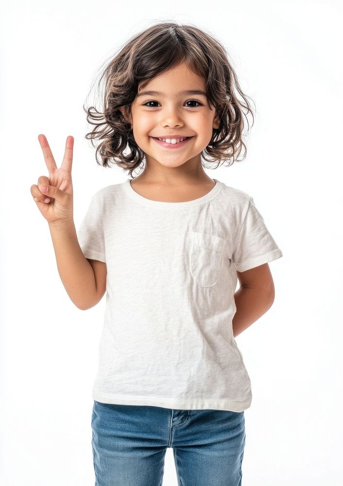 Peace hand sign gesture girl t-shirt smiling.