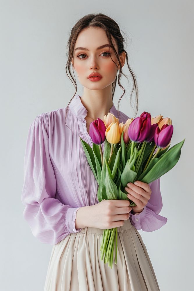 Woman in a soft lavender blouse and beige skirt photography portrait holding.