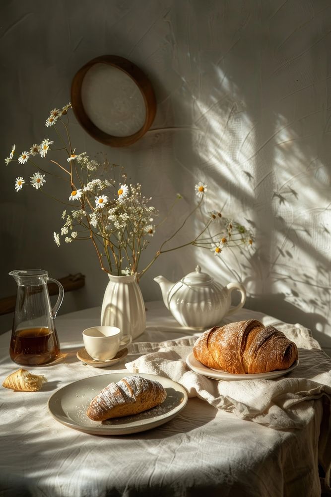 Aesthetic food table breakfast flowers.