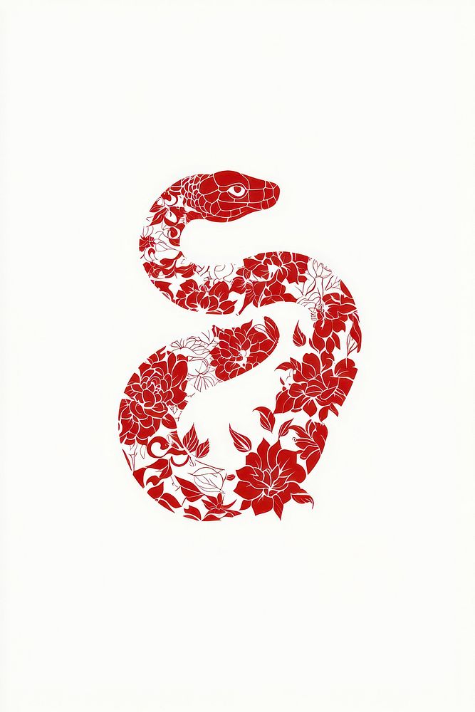 Chinese zodiac sign red snake illustration floral white.