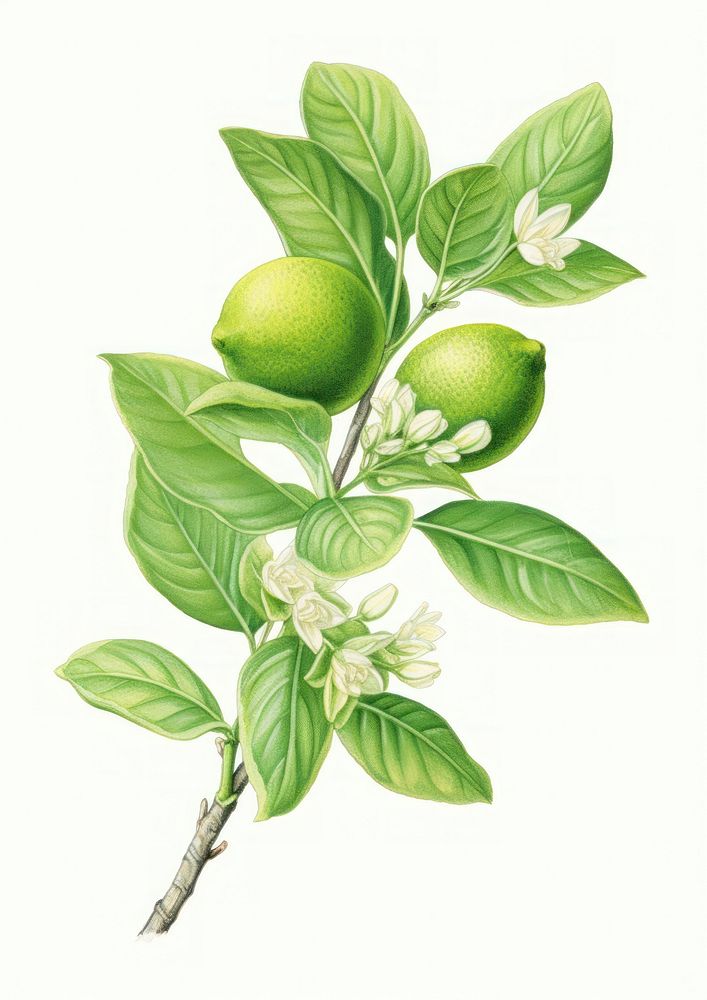 Green lime branch with flower green lime illustration botanical leaves.