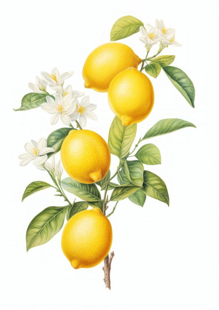 Lemon branch with flower lemon fruit illustration botanical.