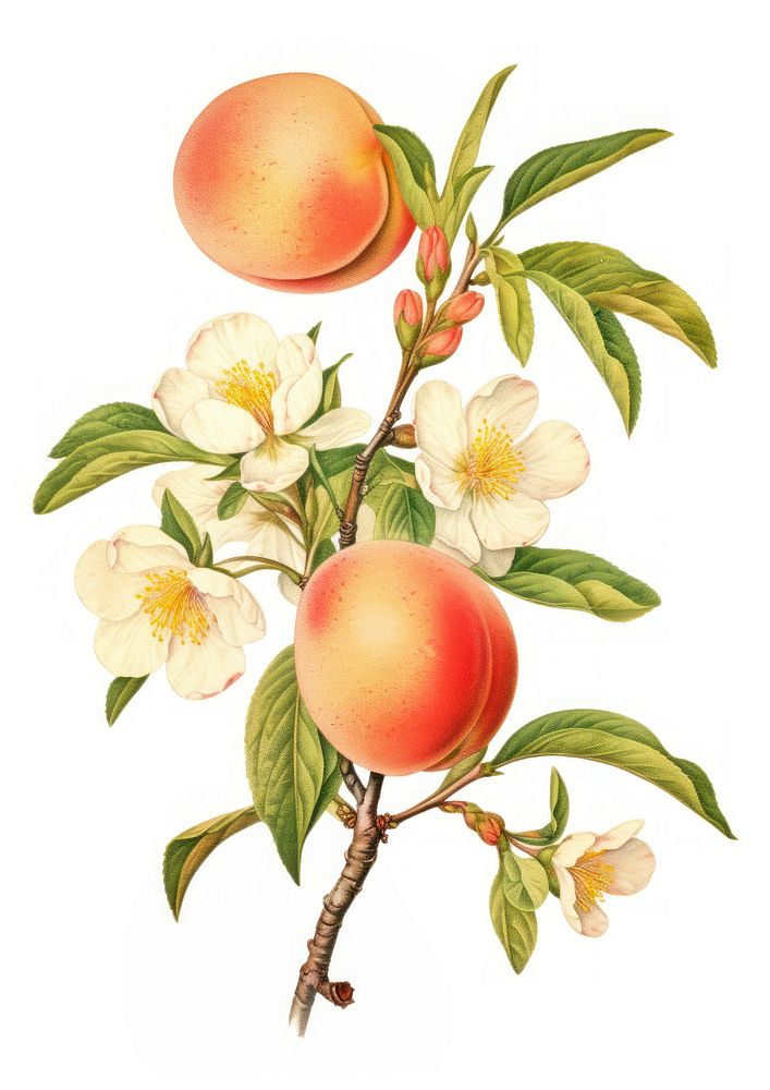 Peach branch with flower Peach fruit peach illustration.