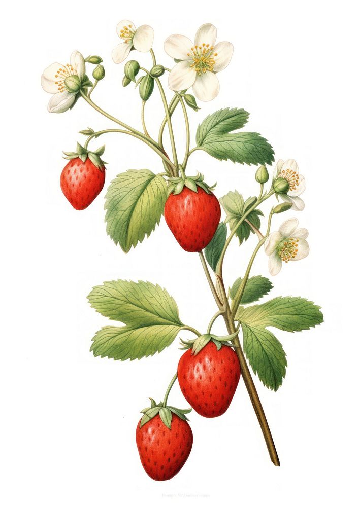 Strawberry Vine branch with flower Olive strawberry fruit illustration.