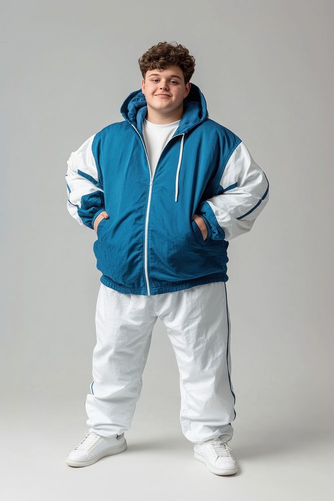 Young teenager chubby man fashion jacket white.