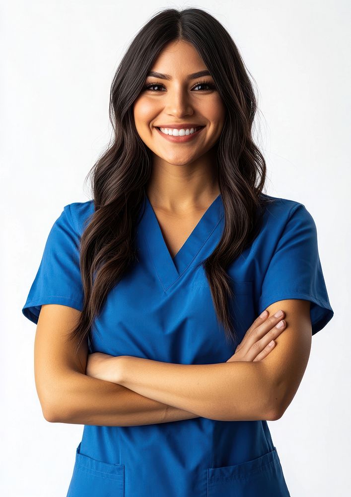 Female nurse smiling person scrubs.