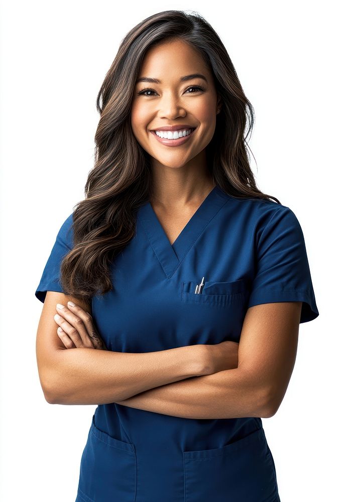 Female nurse smiling crossed person.