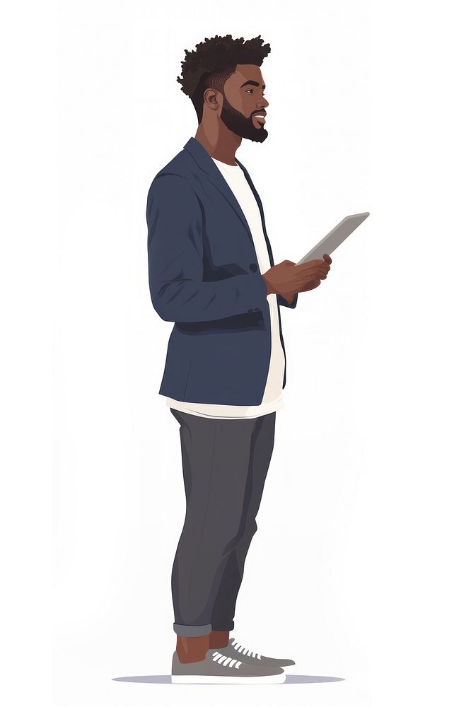 Black man holding tablet illustration standing style.