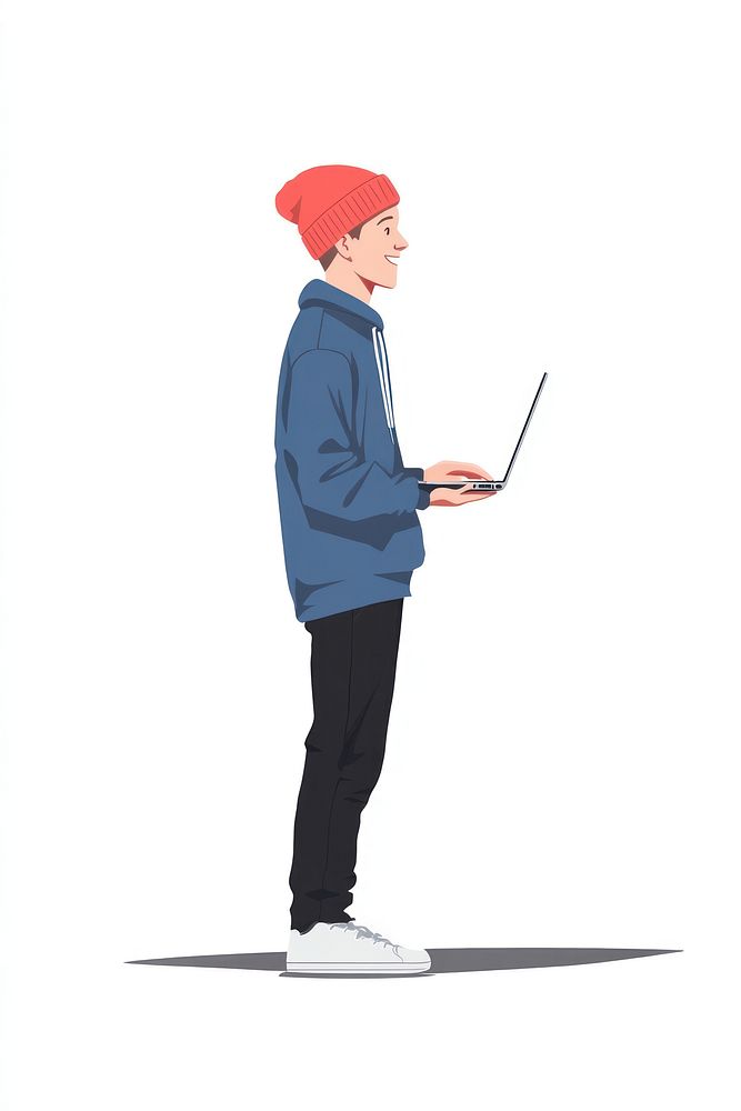 Teen man holding a laptop illustration beanie blue.