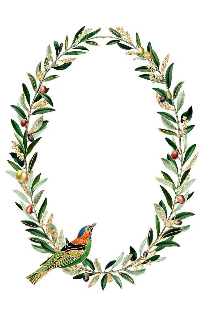 Oval floral frame with green leaves and colorful bird. Leafy design with bird, perfect for nature-themed projects. Elegant…