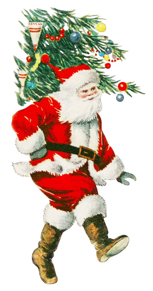 Vintage Santa Claus illustration carrying a Christmas tree. Santa in red suit, white beard, festive tree. Classic holiday…