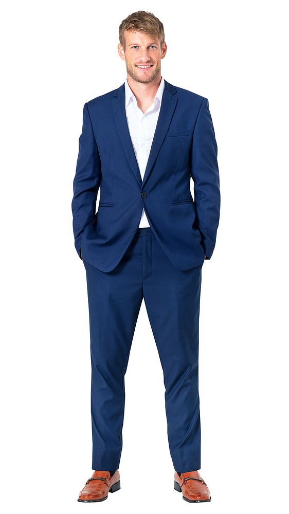 Man in blue suit, white shirt, brown shoes. Business attire, professional look. Confident pose, blue suit, white shirt.…