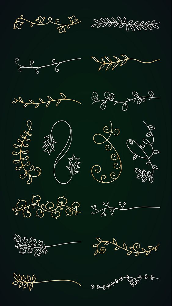 Vector set. Elegant floral dividers with leaves and vines. Floral designs, leaves, and vines in gold and white. Decorative…