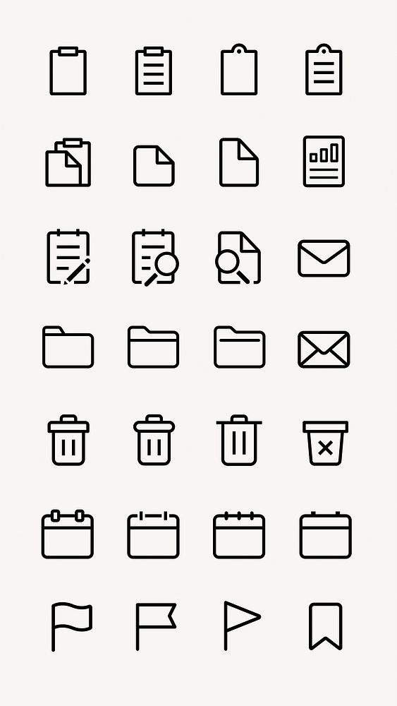 Minimalist icon set featuring documents, folders, trash bins, and flags. Simple, clean design with document, folder, and…