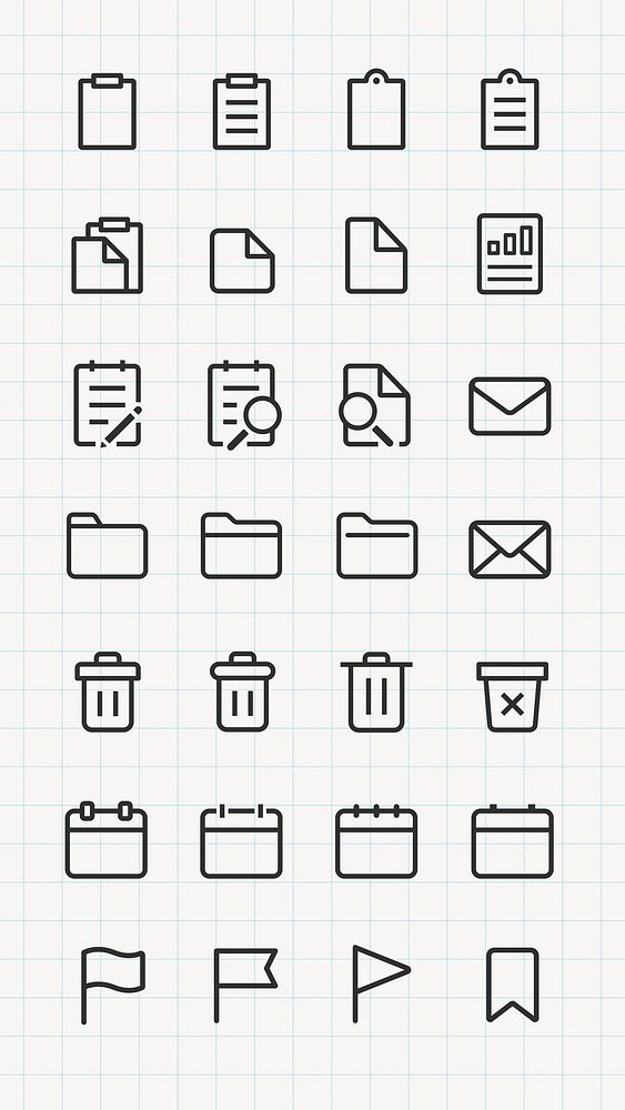 UI icon vectors. Minimalist icon set with folders, documents, and calendars. Includes trash bins, flags, and envelopes.…