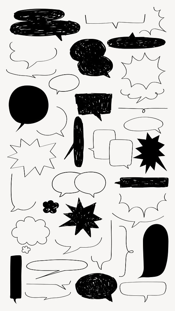 A collection of black and white speech bubbles in various shapes and sizes, including stars, clouds, and rectangles. Speech…