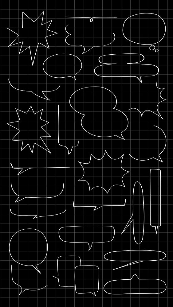 Collection of white speech bubbles on a black grid background. Speech bubbles vary in shape and size. Speech bubbles for…