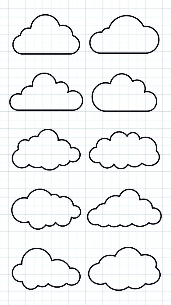 Set of cloud outlines on graph paper. Cloud shapes vary in size and style. Simple cloud designs, perfect for weather icons…