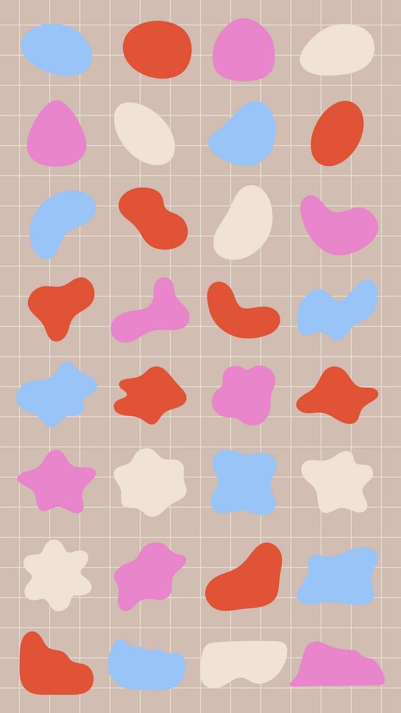 Abstract shapes in red, pink, blue, and white on a beige grid background. Colorful abstract shapes create a playful, modern…