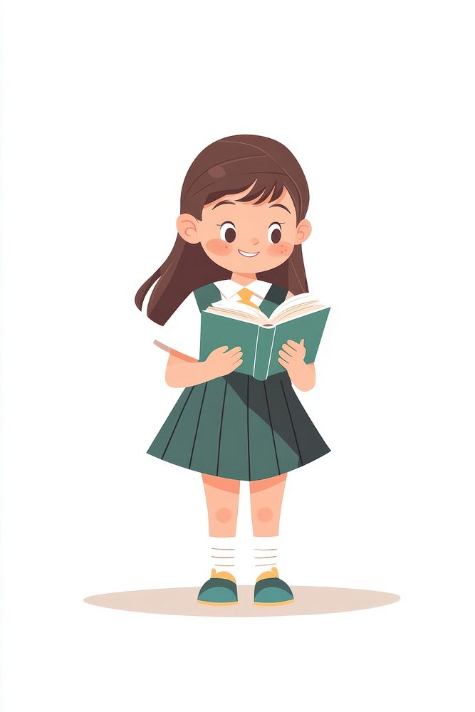 Girl reading book illustration cartoon uniform.