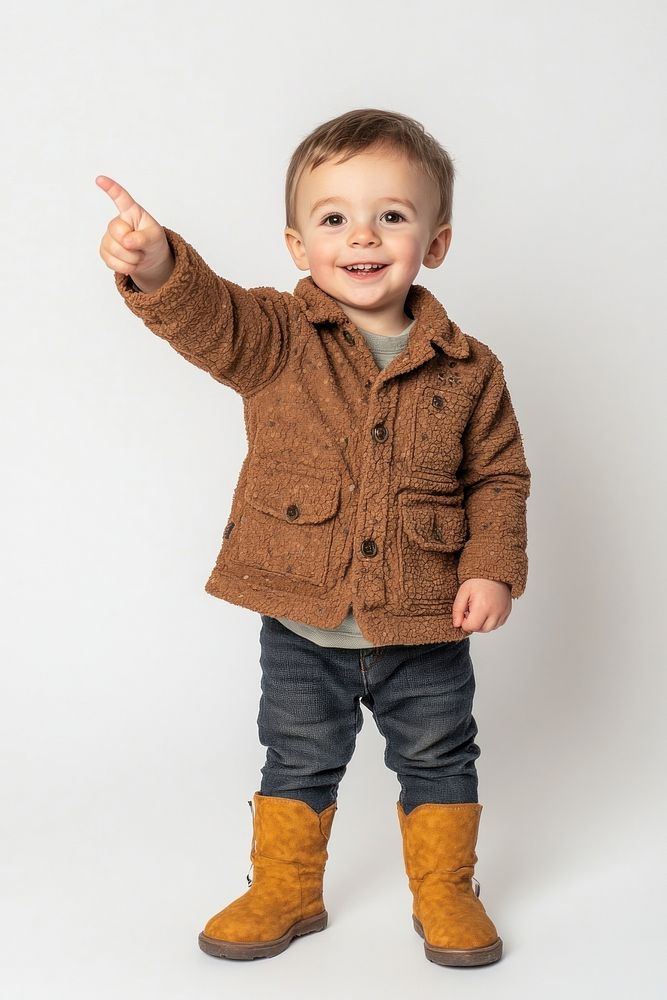 Pointing sign gesture boy standing smiling.