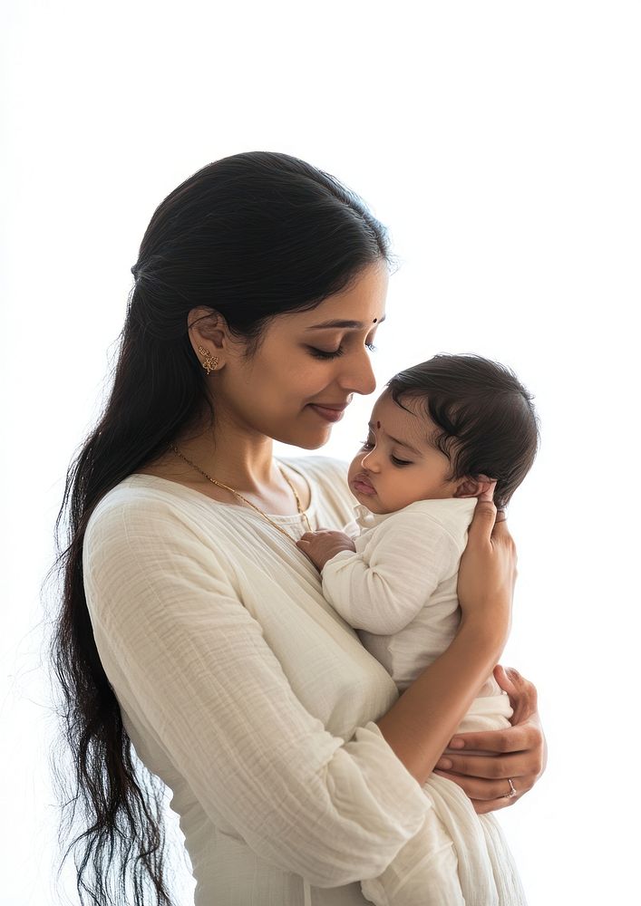 Indian mother holding newborn photo face baby.