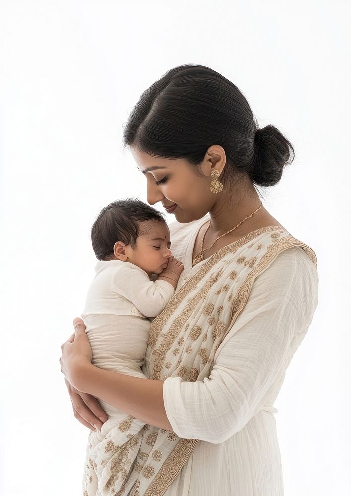 Indian mother holding newborn baby photo face.