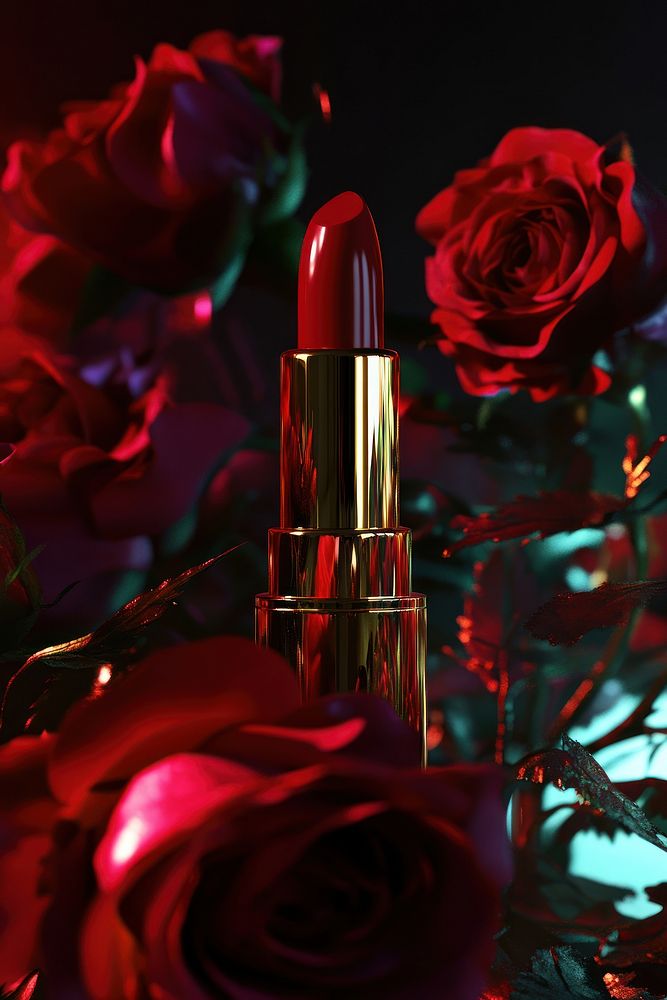 Dark red roses with lipstick cosmetics glamorous romantic.