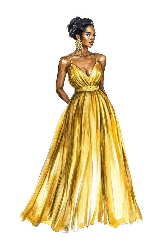 Golden dress fashion illustration watercolor.