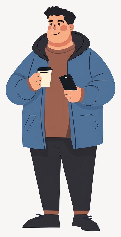 Man with hand gesture jacket phone cup vector