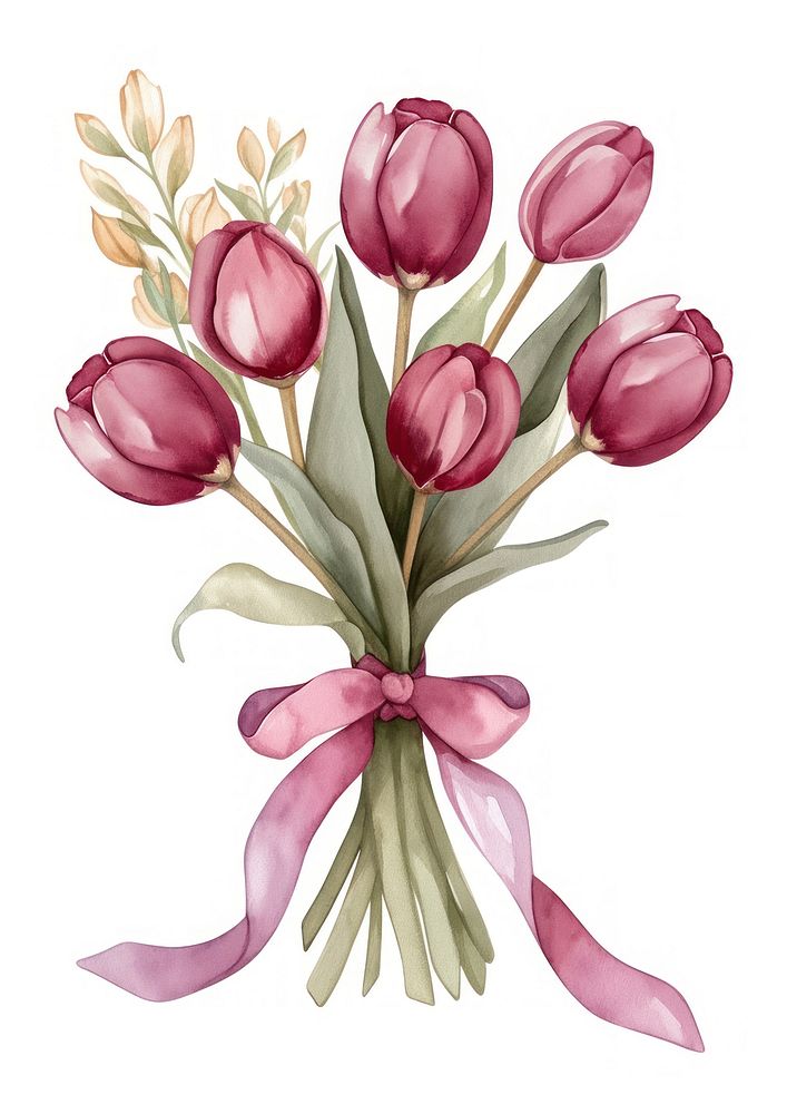 Pastel coquette burgundy tulips bouquet art illustration watercolor.