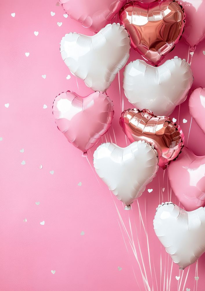 Pink and white heart foil balloons background love pink background.