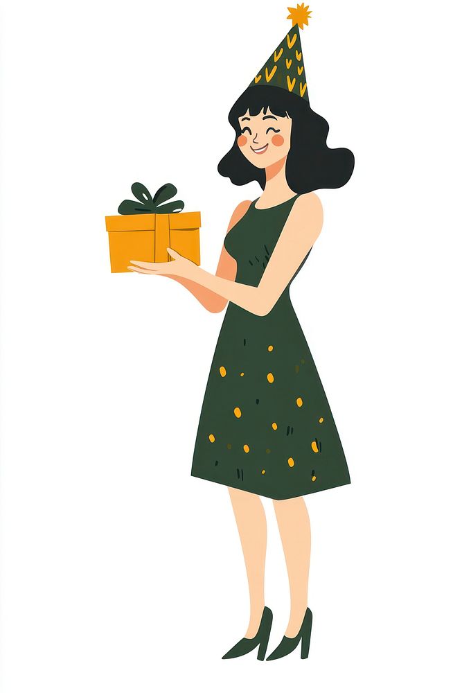 Woman holding gift box hat illustration smiling.