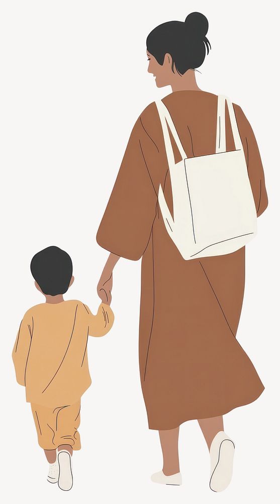 Mom walking with child illustration drawing bag  vector