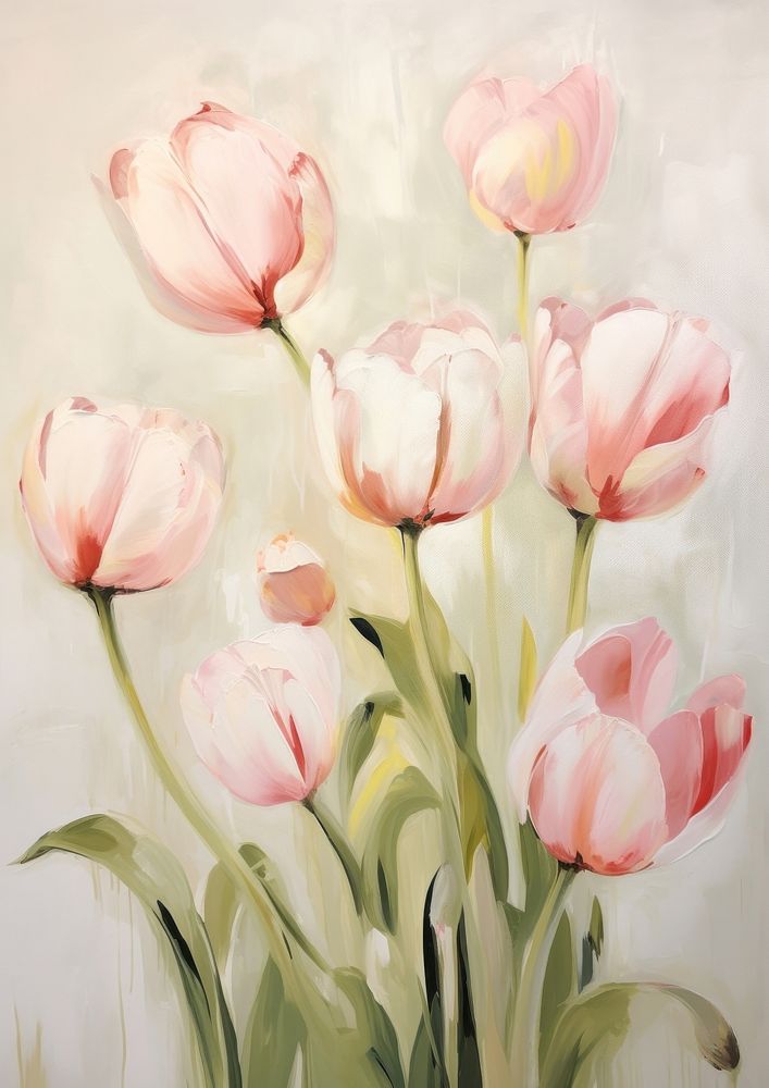 Painting of pink tulips flowers pastel colors.