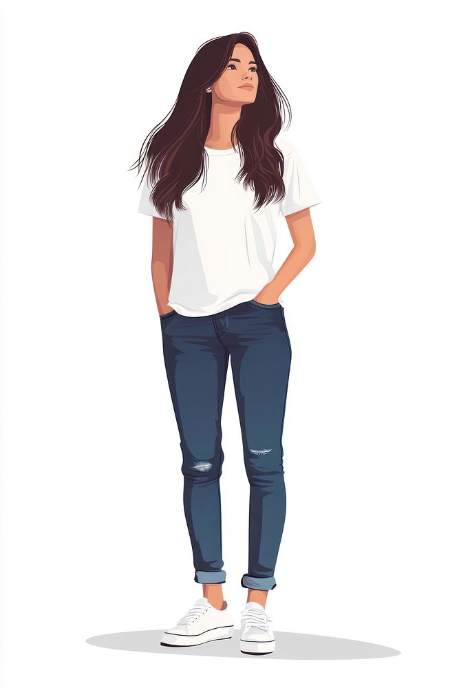 A woman wearing white t shirt and jeans illustration t-shirt fashionable.