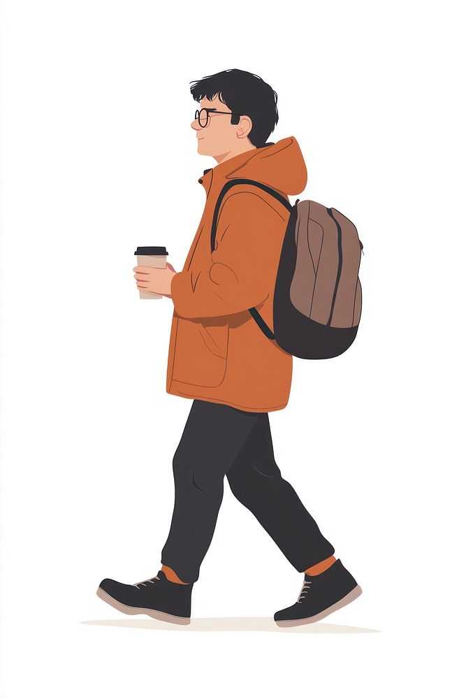 A man wearing jacket walking illustration backpack.