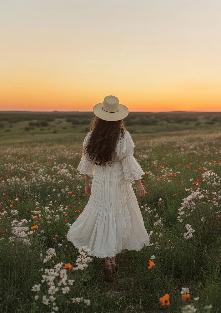 A woman in a white dress and hat stands in a grassy field with wildflowers sky landscape outdoors.