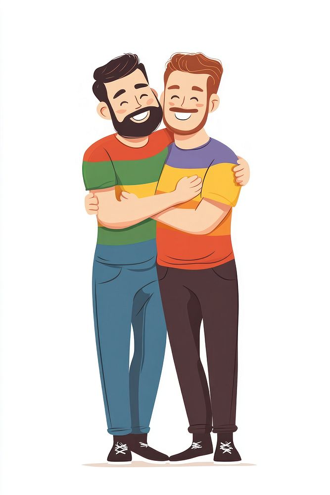 Two gay men illustration together hugging.