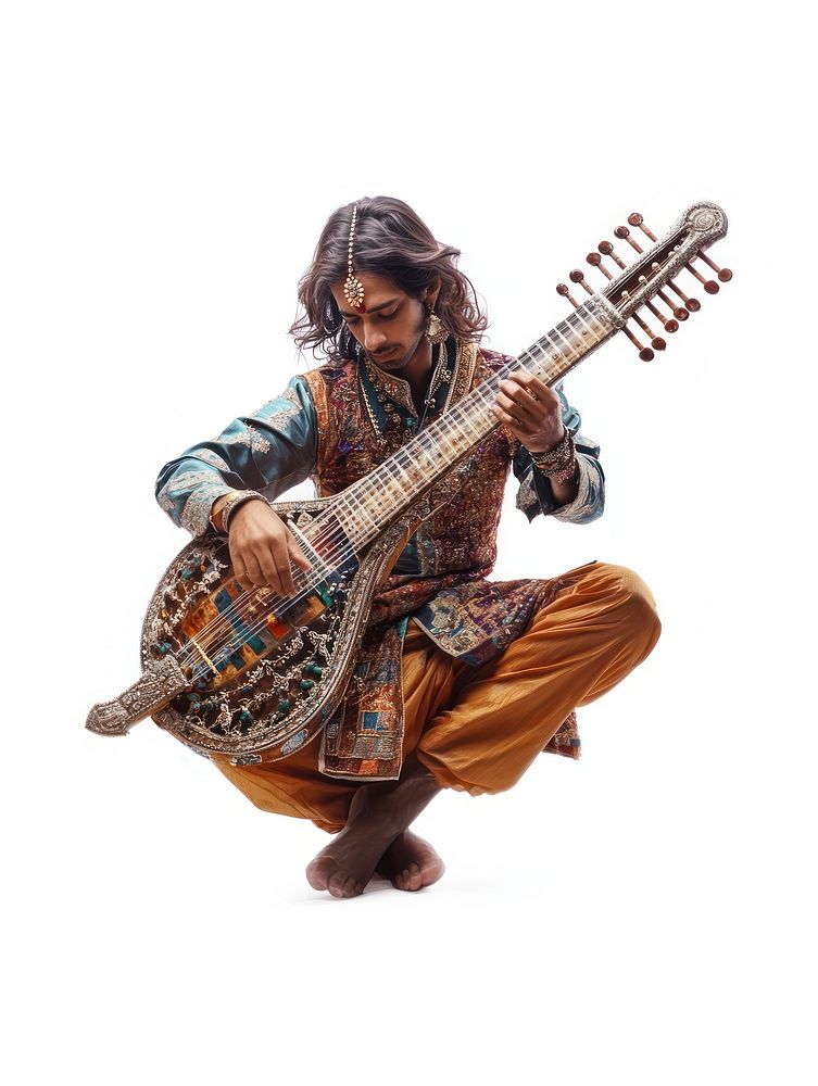 Indian sitar player performing in a normal modern outfit musician indian traditional.