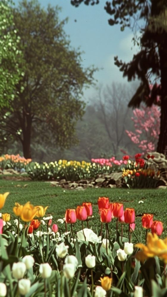 Garden of tulips garden landscape outdoors.