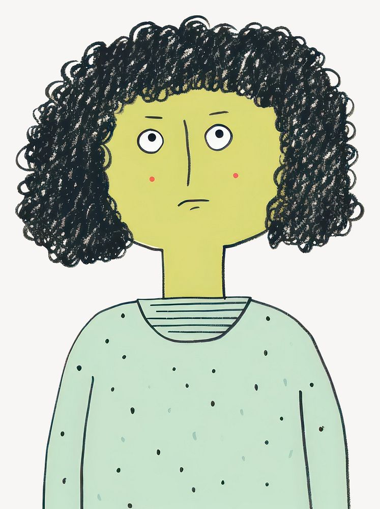 Person with curly hair illustrated whimsical drawing vector