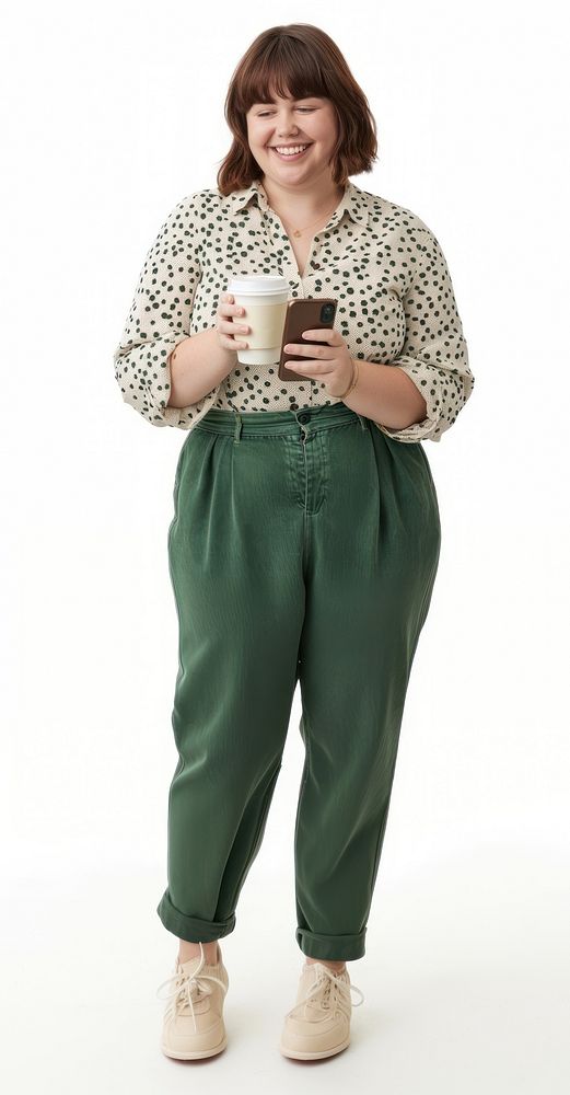 Young chubby woman pants phone background.