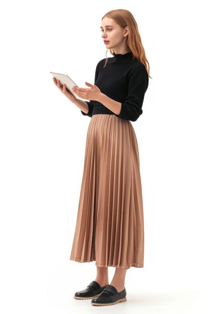 Young woman talking skirt standing holding.