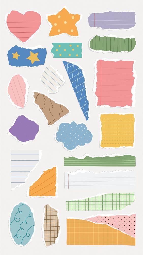 Colorful torn paper scraps in various shapes like stars, hearts, and clouds. Includes lined, dotted, and checkered patterns…