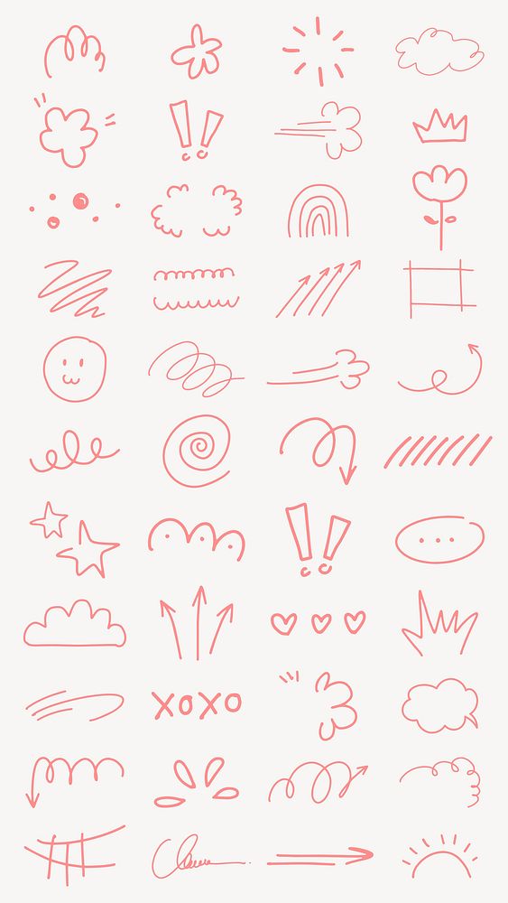 A collection of pink doodles including arrows, clouds, hearts, and stars. Whimsical and playful designs with various shapes…